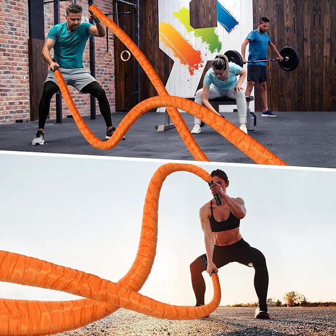 Battle Ropes for Home Gym 1.5Inch Diameter 30 FT Lengths Workout Heavy Battle Ropes for Exercise Training Weighted Ropes for Working Out Exercise Equipment with Protective Cove - Orange