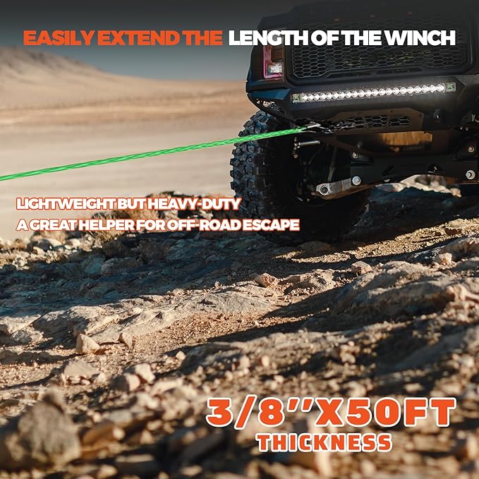 Winch Rope Extension, 3/8'' x 50ft 27,000Lbs Synthetic Winch Extension Rope, Winch Extension Line for Off Road Vehicle ATV UTV SUV Jeep (Green)