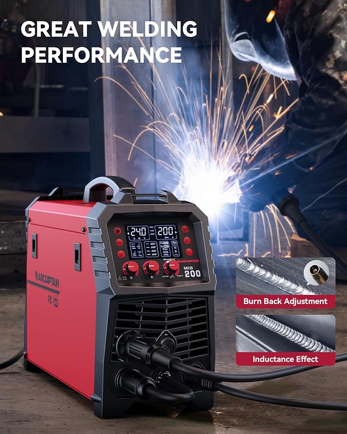 ARCCAPTAIN MIG Welder, 200Amp 6 in 1 Gas MIG/Gasless Flux Core MIG/Stick/Lift TIG/Spot welding/Spool Gun 110V/220V Aluminum Multi Process Welding Machine with LED Digital Display, Burn Back Adjustment