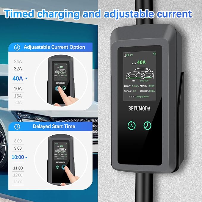 Portable Level 1&2 EV Charger, 40 A, Portable Charger for Home and J1772, 25ft Cable, Charging Stations with LED Display, NEMA14-50 Plugand NEMA 5-15 Adapter, Current Adjustable. (Tesla Need Adapter)
