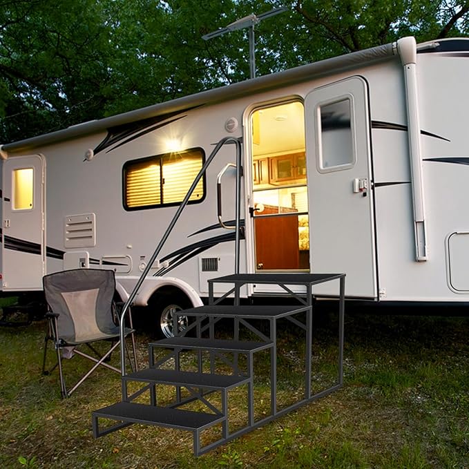 RV Steps with Handrails, 5 Step RV Stairs 660 lbs Load Capacity, Step Ladder with Anti-Slip Panel, Mobile Home Stairs for Travel Trailers Black