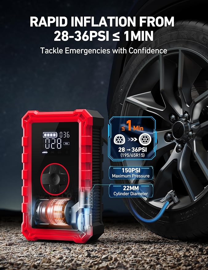 AstroAI S8 Air Jump Starter with Air Compressor,3000A Peak Car Battery Jump Starter Portable (9.0 Gas/6.5L Diesel) with 150PSI Cordless Auto-Shutoff Tire Inflator, 12V Battery Charger Booster(Red)
