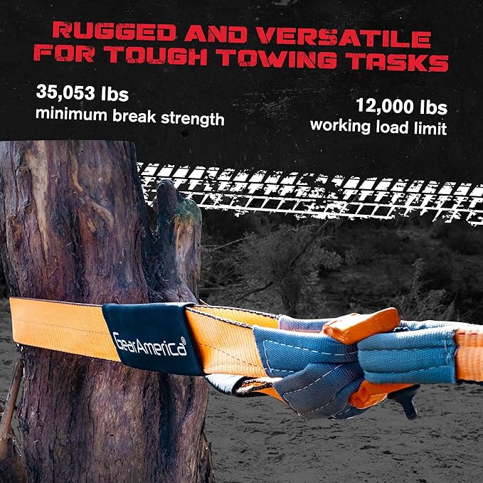 GearAmerica Heavy Duty Tow Strap - 3" x 20' - 35,053 lb Break Strength Tree Saver Winch & Recovery Rope for Offroad - Weather Resistant Triple Reinforced Loop Design