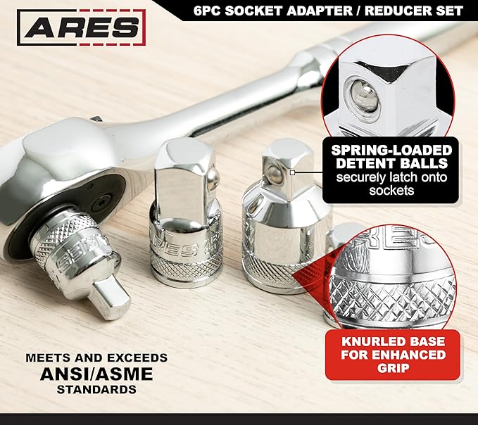 ARES 36017 – 6-Piece Socket Adapter Set – 1/4-Inch, 3/8-Inch, 1/2-Inch, and 3/4-Inch Socket Adapters and Reducers – Premium Chrome Vanadium Construction Meets or Exceeds ANSI Standards