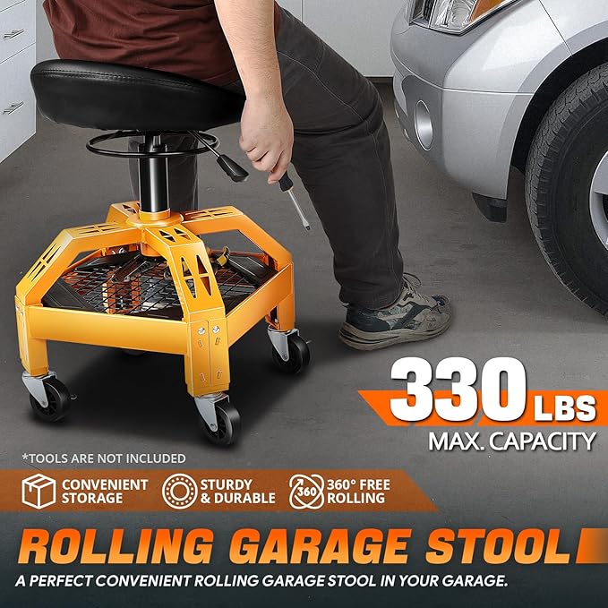 DNA Motoring Rolling Padded Seat Adjustable Height Seat 330lbs Capacity Rolling Mechanic Creeper Stool, W/Tool Storage Drawer & Tray, Black/Yellow,TOOLS-00599