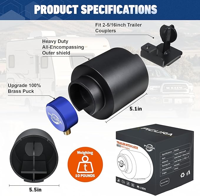 2025 Upgraded Trailer Hitch Locks Fits 2-5/16 Inch Coupler, Heavy Duty Trailer Lock, Anti-Theft Trailer Coupler Lock for RV, Boat, Pickup (Blue)