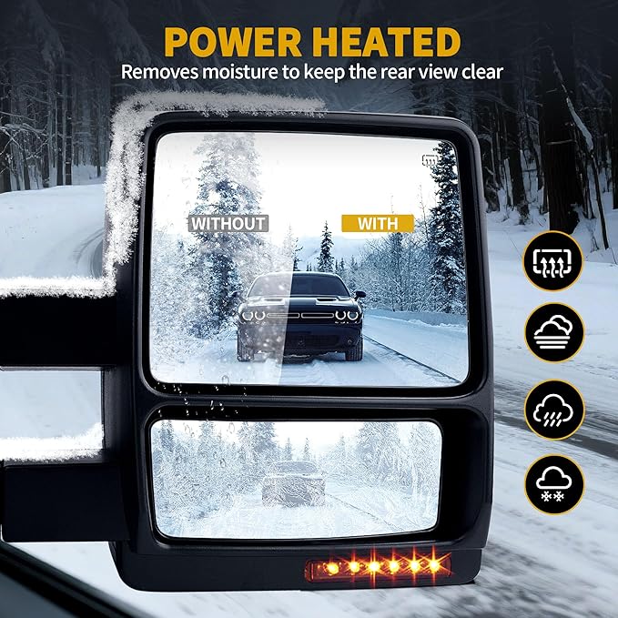 DWVO Towing Mirrors for 2007-2014 Ford F150, Power Heated Side Mirrors with Amber LED Turn Signal, Puddle Light, Manual Telescoping and Folding, Pair Replacement Tow Mirrors Set