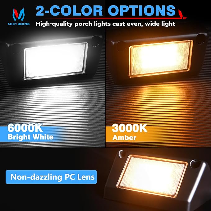 MICTUNING RV Porch Lights, 5 Inch 45W Amber/White LED Exterior Utility Awning Light 6000K Aluminum Housing IP67 Waterproof Replacement Lighting for Trucks Trailers Bus Marine Boats, 2 Pcs