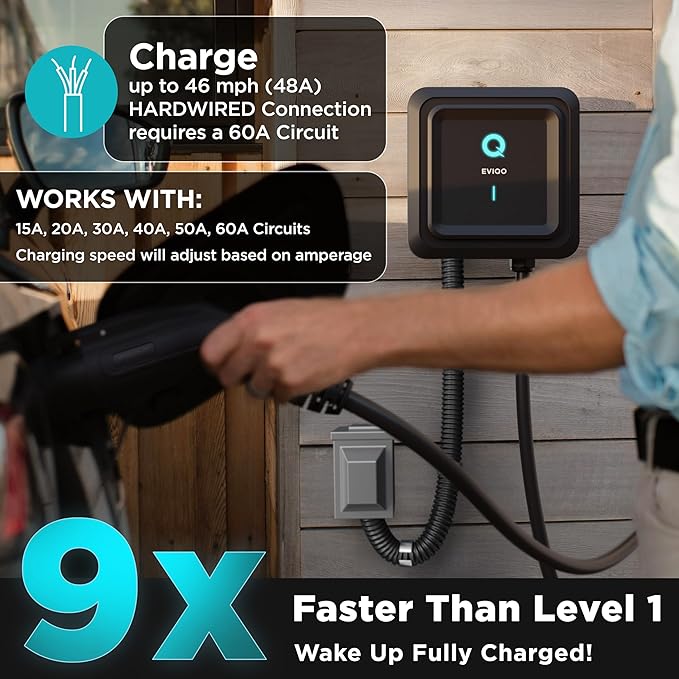 EVIQO EV Charger Level 2 48 Amp - Level 2 EV Charger Hardwired, 240V Electric Vehicle Charging Stations, J1772 Chargers 11.5kW, Wall EV Chargers for Home, EVSE EV Charging Station 25' Cord - Gen 2