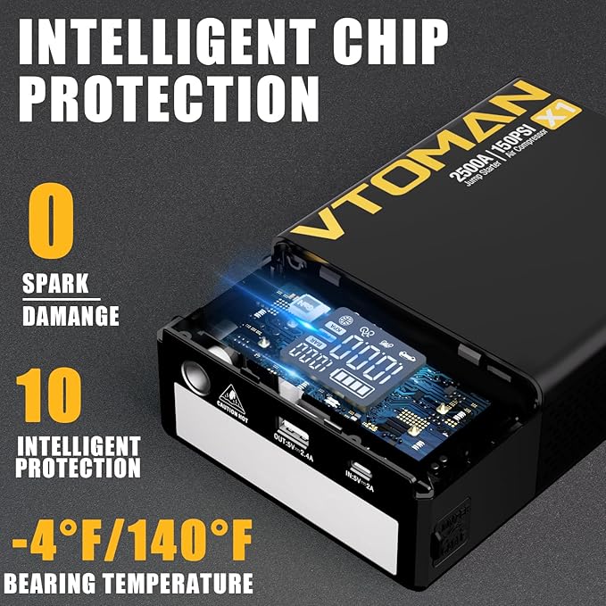 VTOMAN X1 Jump Starter with Air Compressor, Car Battery Jumper Starter (Up to 8.5L Gas/6L Diesel Engine) with 150PSI Auto Tire Inflator, 12V Portable Booster Pack, Lithium Jump Box Charger-Black