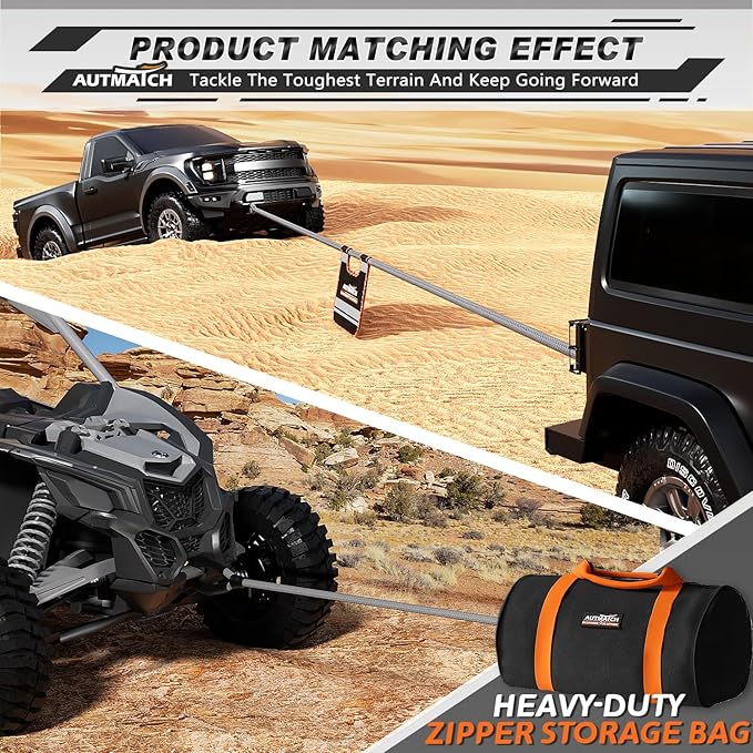 AUTMATCH Kinetic Recovery Tow Rope 7/8" x 30FT - Heavy Duty Energy Recovery Tow Rope 35000Lbs, 35% Elasticity Offroad Snatch Strap for 4x4 Off-Road Vehicle, Truck, Trailer, ATV, UTV, Gray