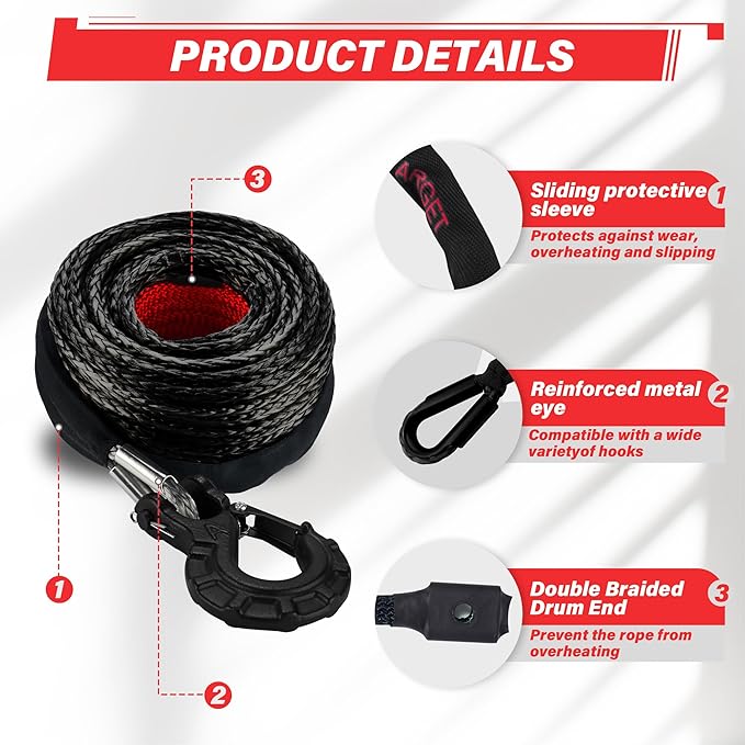 TYT Synthetic Winch Rope Kit - 1/2" x 92' with 32000 lbs Strength, Protective Sleeve, Heavy Duty Hook and Safety Pull Strap for Off-Road 4x4 Vehicles, Trucks (Black)