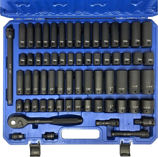 MacWork 65 Piece 1/2-Inch Drive Impact Socket Set, SAE 3/8" to 1-1/4", Metric 10-24mm, Deep & Shallow, CR-V Alloy Steel, Adapters, Extension Bars, Ratchet Handle