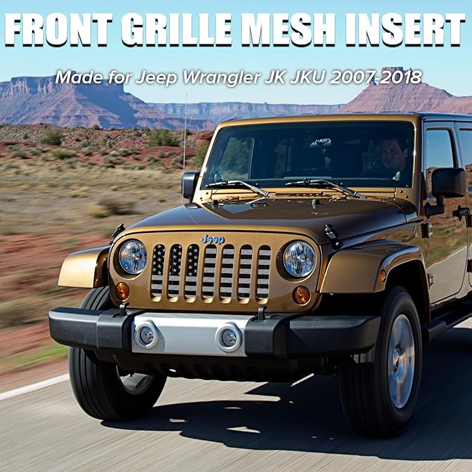 moveland Front Grill Grille Insert - Aluminum Alloy Mesh Grill Insert Screen Compatible with 2007-2018 Jeep Wrangler JK JKU (with US Flag)