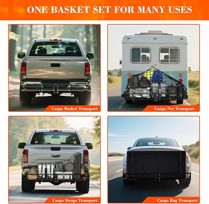 Hitch Cargo Carrier Basket Combo 60" x 24" x 6" 500 LBS Capacity Vehicle Baskets Fits 2" Receiver with 18.2 Cubic feet Cargo Bag, Hitch Stabilizer, Cargo Net and Ratchet Straps