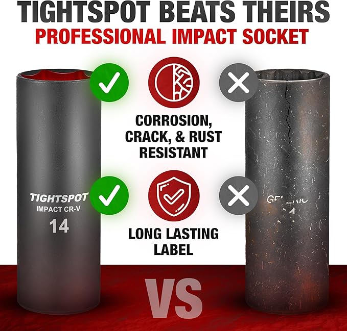 TIGHTSPOT 1/2 Inch Drive - 14 mm Deep Impact Socket with Anti-Rounding 6 Point Design, Heat-Treated CRV Steel, Metric