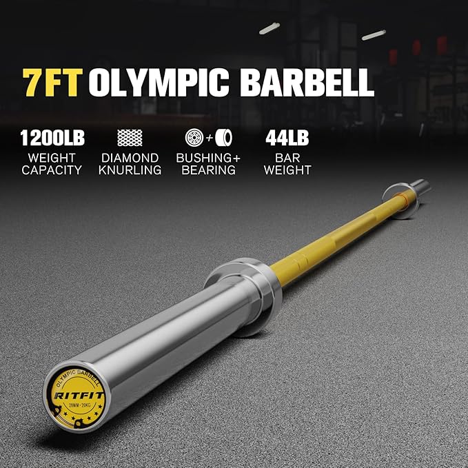 RITFIT 7FT Olympic Barbell for Strength and Weightlifting Training - 2 Inch Olympic Bar for Squat, Deadlift, Bench Press, Curl, Overhead Press - 500lbs/1000lbs/1500lbs Capacity