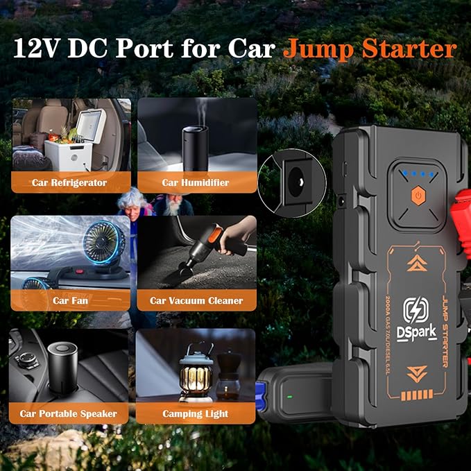 G21C 2000A Jump Starter Portable Portable Battery Booster for 7.0L Gas and 6.5L Diesel Engines 12V Jump Box with USB Quick Charge LED Flashlight with DC Power Out 12.5v-16.8V-10A