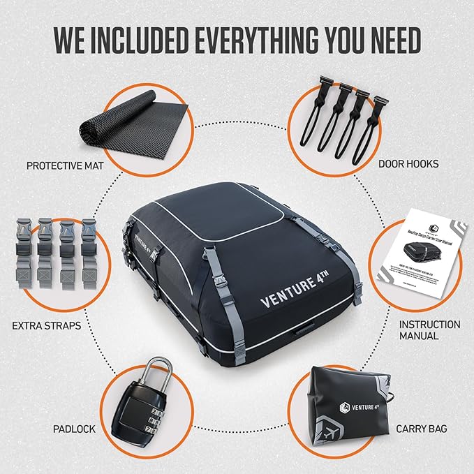 VENTURE 4TH Car Rooftop Cargo Carrier – 21 Cubic Feet Waterproof Roof Bag with 10 Heavy-Duty Compression & Tie-Down Straps, Anti-Slip Mat & Door Hooks – Fits Cars with or Without Roof Rack