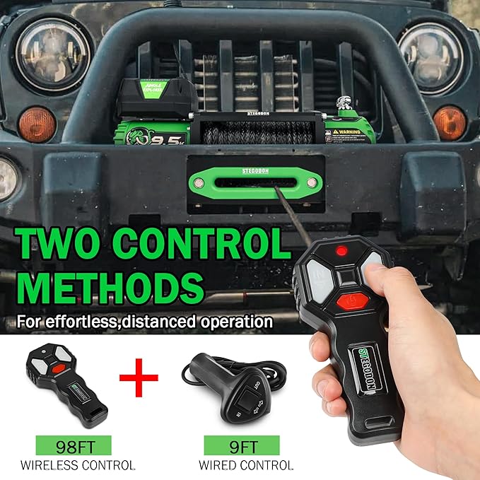 Winch 9500lb Electric Winch 12V Winch with Synthetic Rope Car Trailer Winch with Green Hawse Fairlead Wireless Remote and Wired Handle for Truck SUV Jeep
