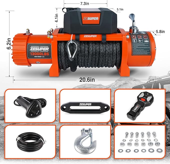ZESUPER 12V 13000 lb Load Capacity Electric Winch Kit with Synthetic Rope, Wireless Remote and Corded Control,Waterproof IP68 Off Road Winch for Jeep,Truck,SUV