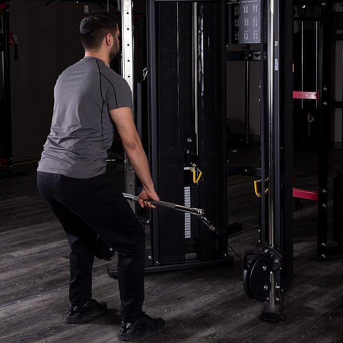 AmStaff 48" Straight Ez Curl Lat Pull Down Bar with Revolving Double Hook for Dual Pulley Cable Machines, Functional Trainer Multi-Purpose Attachment