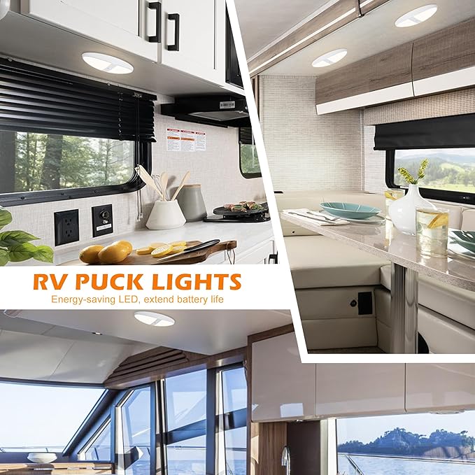 Facon 2-Pack 12V DC RV Ceiling Dome Light with On/Off Switch - 4000K Cool White, Large Oval Pancake RV Puck Light for RVs, Motorhomes, Campers & Boats, ETL Listed