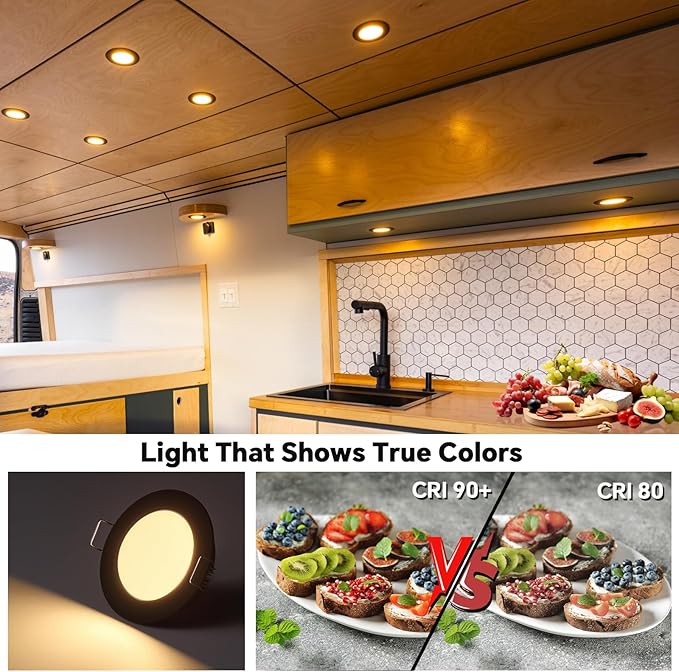 acegoo RV Recessed Ceiling Light 2-3/4” 12V Dimmable LED Puck Light for Campervan Truck Caravan Boat Roof Under Cabinet Lighting, Flush Mount Cutout 2-1/4" (Black,Warm White) 4 Pack