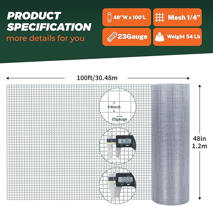 1/4'' 48'' X 100' Hardware Cloth, Chicken Wire Fencing Double Layer Hot Dip Galvanized, Wire Mesh Fence Chicken Rabbit Snake Cage Wire Fence Mesh Roll, for Chicken Coops, Fencing, Garden Protection