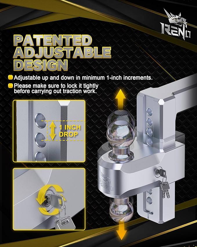 RENO Adjustable Trailer Hitch, Fits 2 inch Receiver Hitch 8" Rise/Drop Tow Hitch, Heavy Duty 2" & 2-5/16" Ball Hitches with 12,500 LBS GTW (1 Pack, Aluminum)