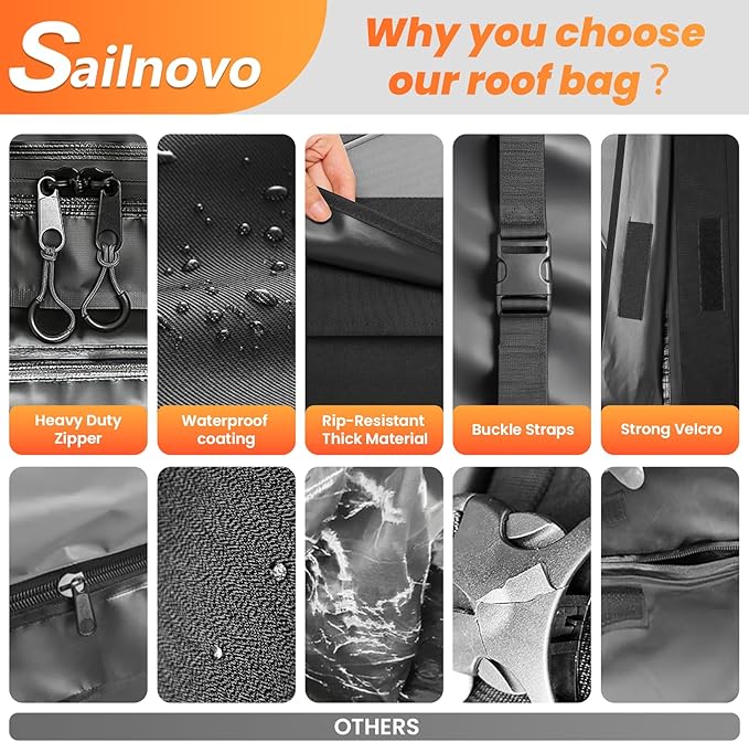 Sailnovo Car Rooftop Cargo Carrier Roof Bag, 15 Cubic feet Waterproof Roof Cargo Carrier fit car with/Without Luggage Rack - Vehicle Soft Shell Roof Cargo Box with Tie-Down Strap, Safety Hook