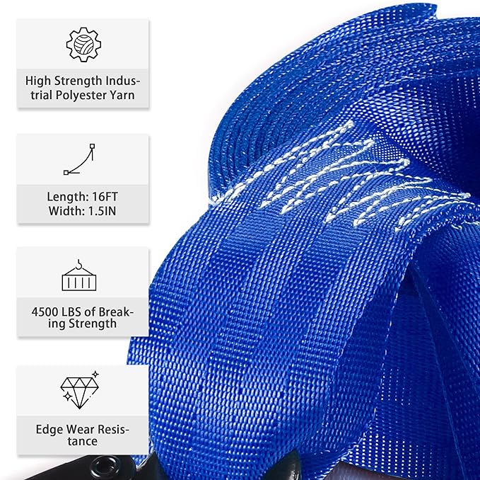 Trailer Winch Strap with Hook, 1.5in 16ft Heavy Duty Boat Winch Strap with 4500lbs Break Strength for Towing Vehicles, Boats, Trailer, Towing (Blue)