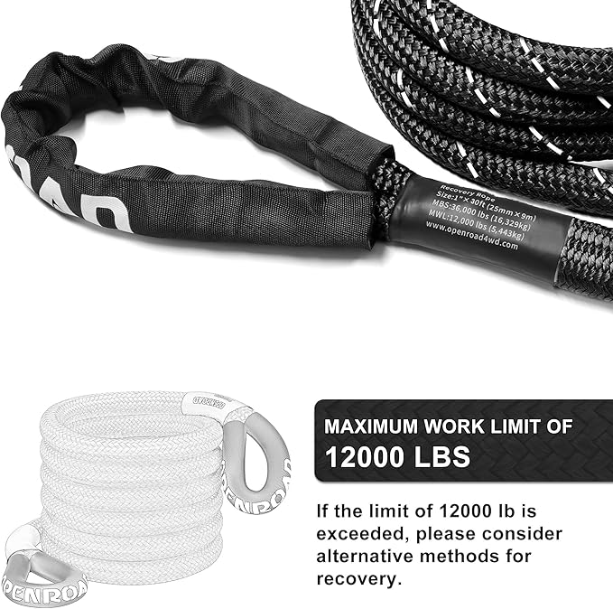 OPENROAD Kinetic Recovery Tow Rope, 4800 LBS (1in x 30ft with Soft Shackle) Extreme Duty 35% Elasticity Energy Offroad Snatch Strap, Vehicle Recovery Kit for Jeep Car Truck ATV UTV SUV