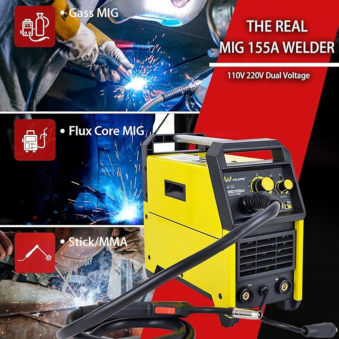 Weldpro 155 Amp MIG Welder, 110V/220V Flux Core MIG/Gas MIG/Stick 3 in 1 Welding Machine with Synergy, IGBT Inverter Portable Gasless Welder Equipment, Aluminum Spool Gun Compatible