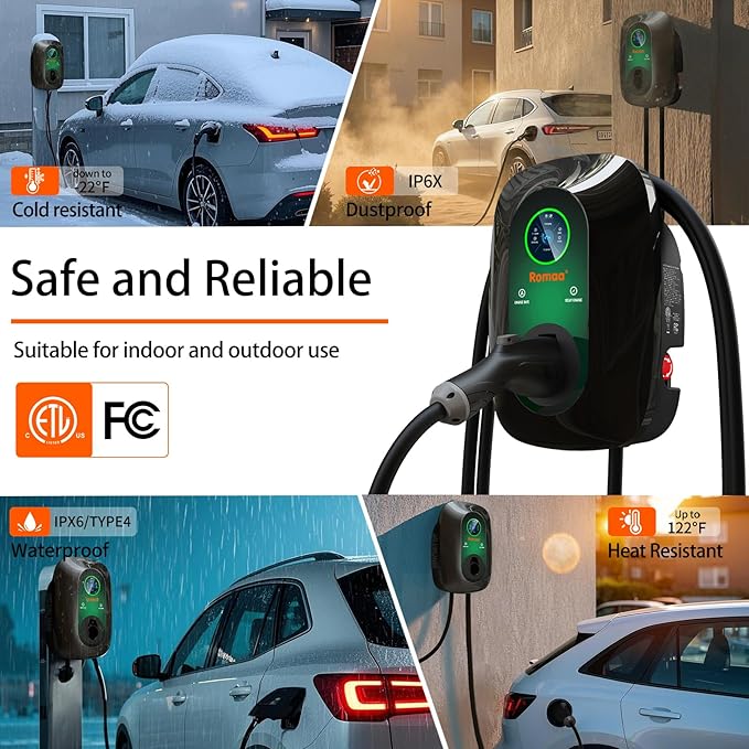 Romaa Level 2 EV Charger J1772 48A Hardwired 240V Home Charging Station - ETL Listed, FCC Part 15 -NEMA Type 4 IP66 - App WiFi Smart Display, 25 ft, Indoor Outdoor, 4.3 inch LCD, Black