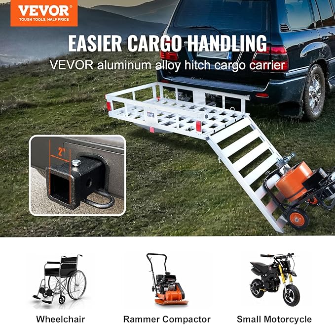 VEVOR 50 x 29.5 x 8.7 inch Hitch Cargo Carrier, 500lbs Capacity Trailer Hitch Mounted Cargo Basket, Aluminum Luggage Carrier Rack with Folding Ramp, Fits 2" Receiver for SUV Truck Pickup Camping