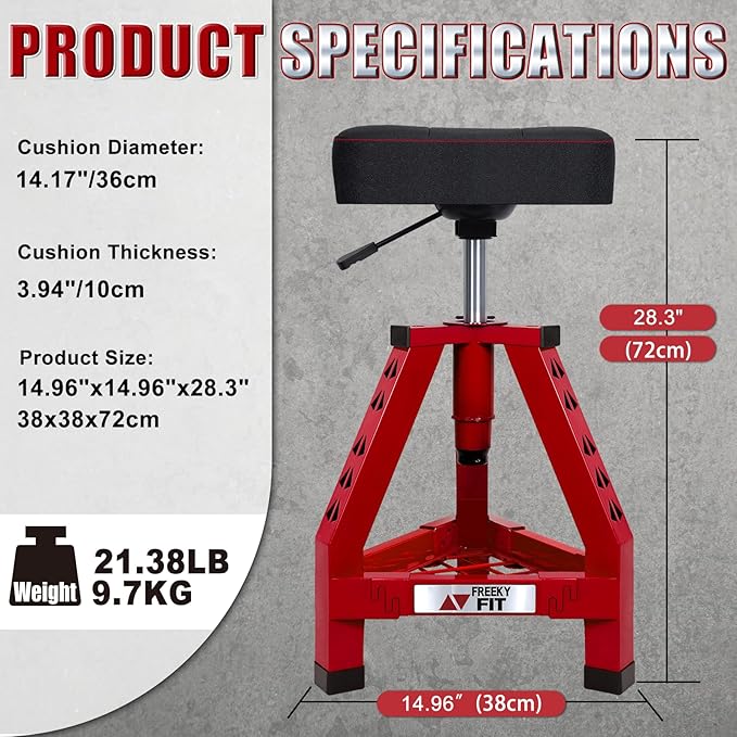 Adjustable Shop Stool,Garage Mechanic Stool Chair,Work Seat for Workshop, Adjustable Height, 360° Swivel Padded Square Seat,Tool Storage, 350 LBS Capacity, Heavy Duty, Red