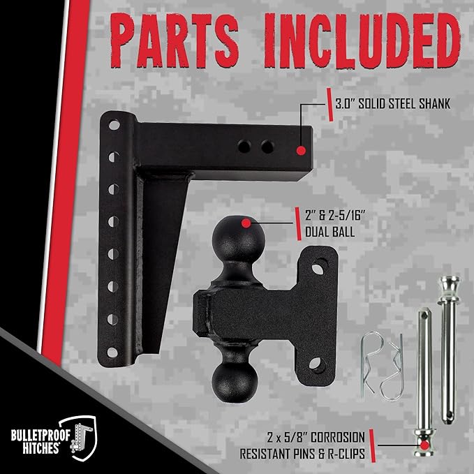 BulletProof Hitches - 3.0" Adjustable Heavy Duty Trailer Hitch (22,000 lb. Rating) - 10" Drop/Rise Trailer Hitch with 2" & 2-5/16" Dual Ball - Powder Coat, Solid Steel, Corrosion-Resistant