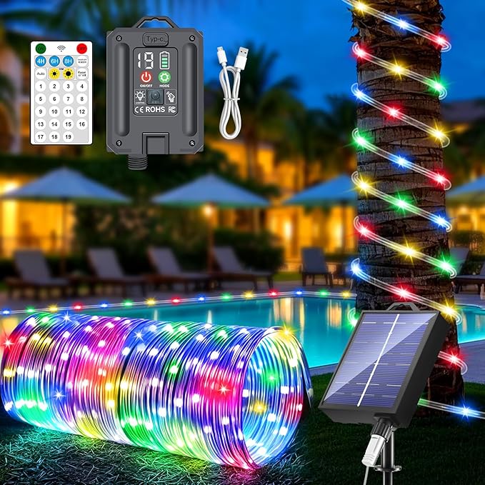 New Upgraded Solar Rope Lights Outdoor Waterproof 105ft 300 LED Solar String Lights with Remote Timing Dimmable 19 Modes Christmas Lights for Yard Outside Patio Xmas Tree Decor (300LED-Multicolor)
