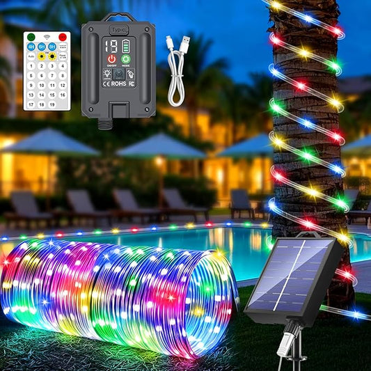 New Upgraded Solar Rope Lights Outdoor Waterproof 105ft 300 LED Solar String Lights with Remote Timing Dimmable 19 Modes Christmas Lights for Yard Outside Patio Xmas Tree Decor (300LED-Multicolor)
