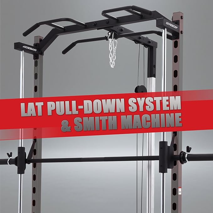 OPPSDECOR Power Cage, Multi-Function Power Rack with Adjustable Cable Pulley System, Squat Rack with Pull-up Bar, J-Hooks, More Training Attachment for Home Gym
