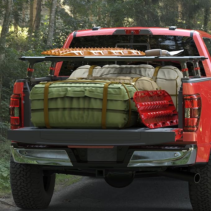 Truck Bed Rack, Adjustable Aluminum Truck Bed Ladder Rack, Heavy Duty Truck Ladder Rack Crossbar Cross Bar Extendable Heavy Duty Steel Cargo Rack for Kayak, Surfboard, Lumber,Ladder (800lbs Capacity)