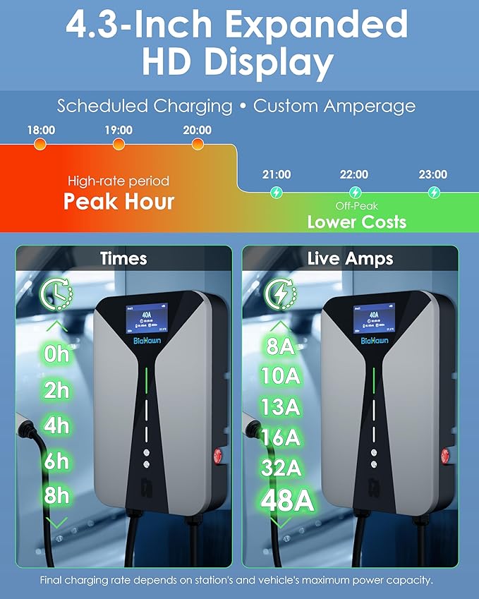 Level 2 EV Charger 48 Amp- 11.5kW 240V Hardwired Wall Charger for Home with 4.3" LCD, 26ft Cable, Scheduled Charging & Wall Holder, SAE J1772 Connector