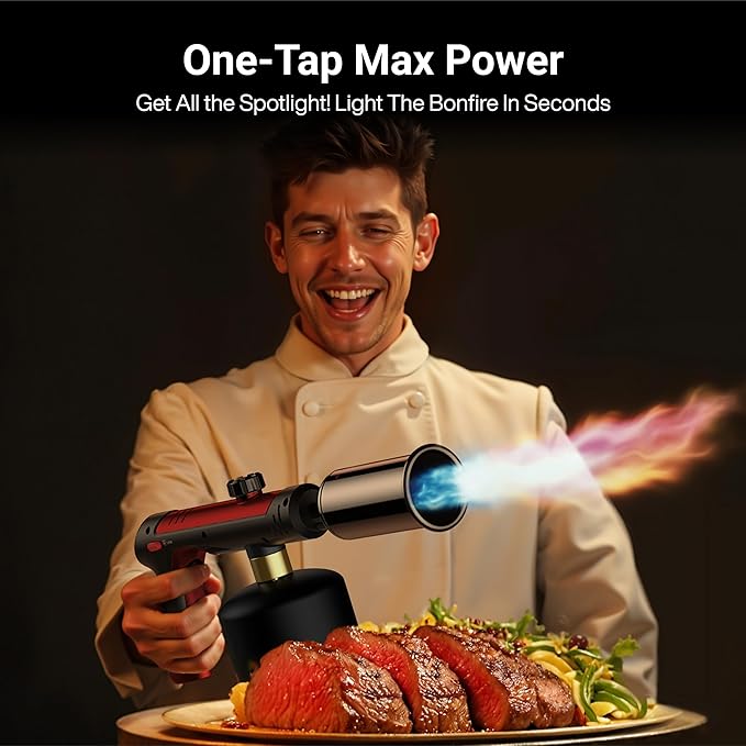 ThermoMaven Propane Torch with One-Touch Max Fire, Cooking Blow Torch Gun with Safety Lock, Charcoal Lighter, Flame Thrower, Gas Welding Kit Kitchen Food Torch Head for Grill, Sous Vide, BBQ, Red