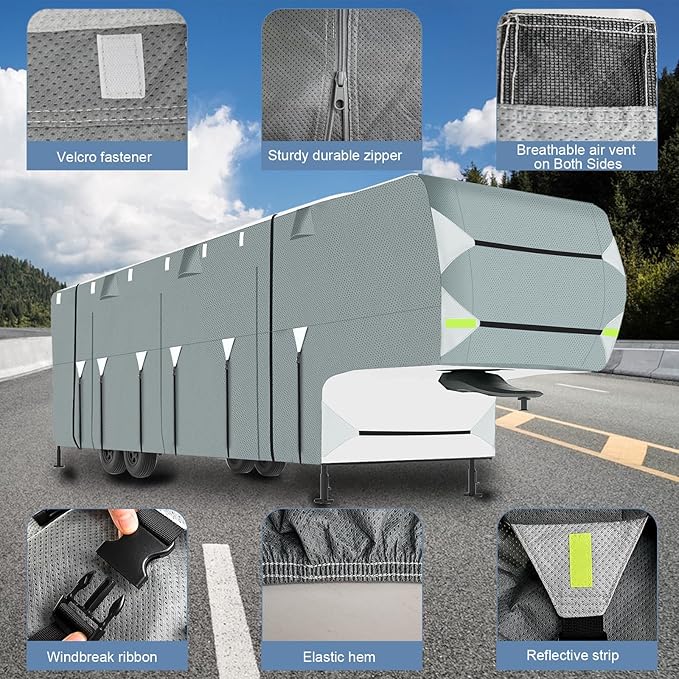 5th Wheel RV Cover 26-29Ft - Upgraded 5 Layers Top Extra-Thick Fifth Wheel Cover, Waterproof Camper RV Cover, Anti-UV Windproof Winter Camper Cover with Gutter Covers