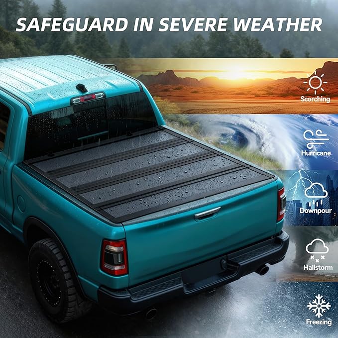 LEDKINGDOMUS Low-Profile Hard Quadfold Truck Bed Tonneau Cover Fits for Dodge Ram 1500 2009-2024, Fit for Dodge Ram 2500 3500 2010-2026 | 6.4ft Bed w/o Ram Box