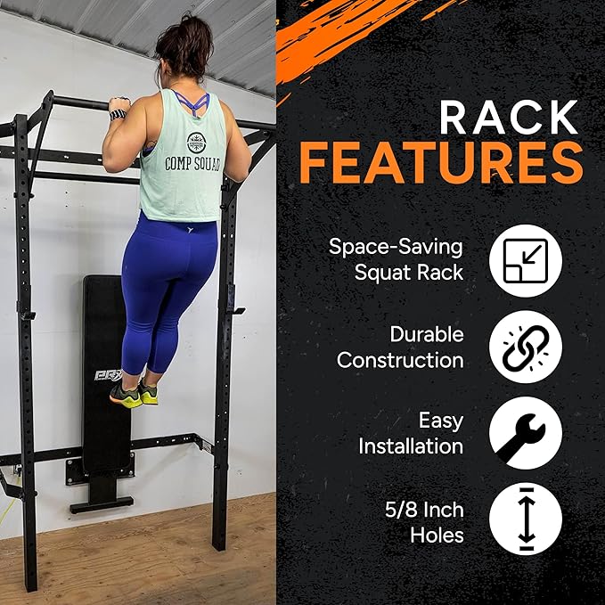 PRx Performance Murphy Foldable Squat Rack with Space-Saving Pull-Up Bar - Wall-Mounted Gym Equipment, Includes J-Cups for Barbell, Ideal for Strength Training, Bench Press and Leg Squats