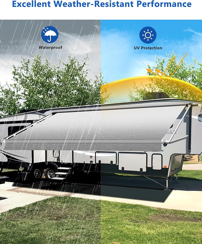 RV Awning Fabric Replacement, 18.5oz Heavy-Duty Weatherproof Vinyl Camper Awning Replacement Universal Outdoor Canopy for RV, Motorhome, Trailer Awnings (Gray Fade, 16'(Fabric 15'2"))