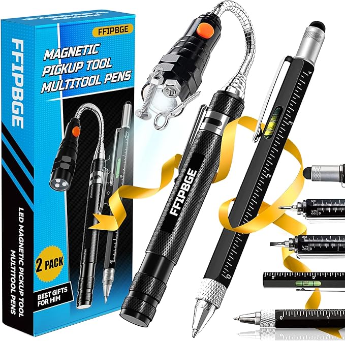 Magnet Pickup Tool with Telescoping Magnetic Flashlight and 6 in 1 Multitool Pen with Rulers, Bubble Level, Screwdrivers, Ballpoint, Christmas Stocking Stuffers for Men Adults, Birthday Gifts for Him