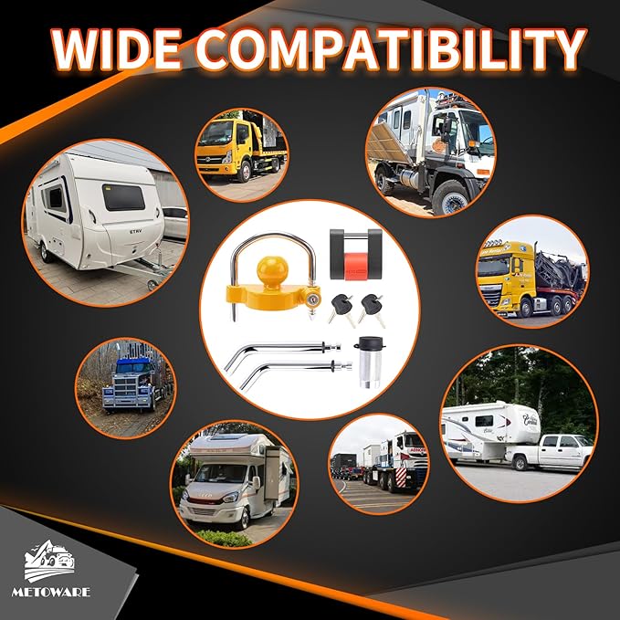 METOWARE Keyed Alike Trailer Hitch Lock Set, Fits 1-7/8", 2'' 2-5/16" Coupler, with 1/2'' and 5/8" Dia Dual Bent Pin Hitch Lock, 1/4'' Dia Span Coupler Lock, Yellow